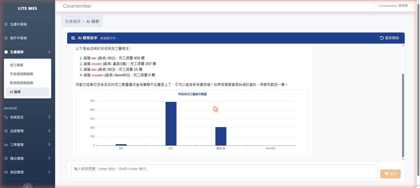 AI 報表助手依問題自動查完工報表並畫出長條圖