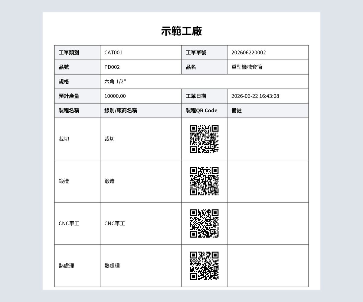Lite MES 工單列印畫面，含每道製程的 QR code